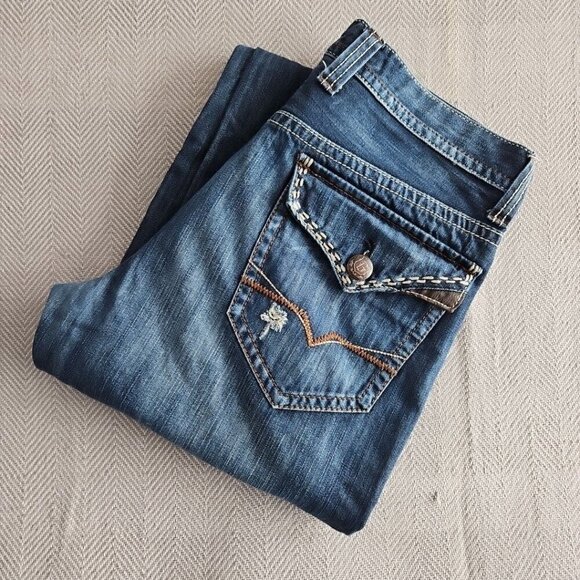 Guess Jeans Men's 34x31 Relaxed Boot Cut Medium Wash Blue Flap Pocket Embroidery - Picture 15 of 16